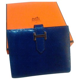 Hermès-Cartera Hermès Bearn Varanus Niloticus Auténtica-Azul