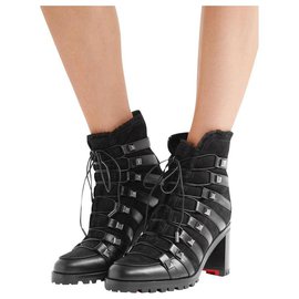 Christian Louboutin-Christian Louboutin Black Chaletta 70 Combat Hiking Biker Lace Up Tie Short Ankle Heel Boots/Booties-Black