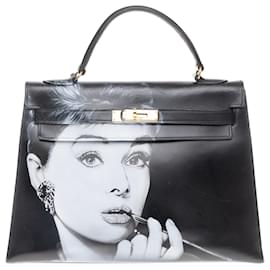 Hermès-Hermes Kelly 32 silla de montar en caja negra "Audrey Hepburn" personalizada por el artista PatBo!-Negro