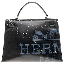 Hermès-Hermès Kelly 32 sellier en box noir "Audrey Hepburn" customisé par l'artiste PatBo !-Noir