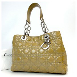 Christian Dior-Dior Beige Cannage Quilted Patent Leather Small Dior Soft Tote-Beige