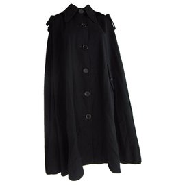 Hanae Mori-Hanae Mori Cape en laine noire avec capuche amovible-Noir
