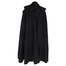 Hanae Mori-Hanae Mori Black Wool Cape Cloak with Detachable Hood-Black