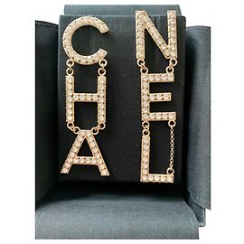 Chanel Brincos com logotipo de cristal CHA NEL Dourado
