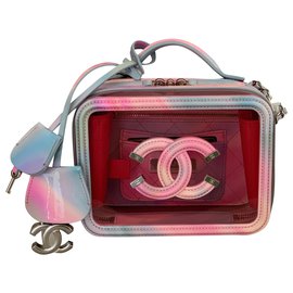 Chanel-Small Pink PVC Vanity Case with Rainbow Patent Leather-Pink