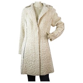 Nina Ricci-Nina Ricci Off White Ecru Wool Blend Boucle Gold Thread Button Front Coat sz 38-Blanco