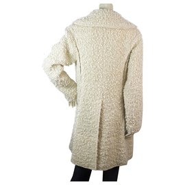 Nina Ricci-Nina Ricci Off White Ecru Wollmischung Boucle Gold Fadenknopf Front Coat Gr 38-Weiß