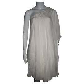 Marchesa-Vestido de seda com sobreposição de chiffon de seda-Branco,Creme