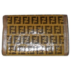 Fendi-FENDI vintage wallet Zucchino fabric and leather-Beige