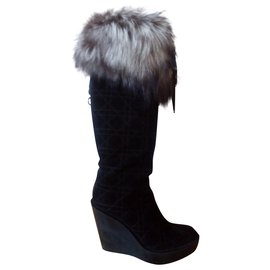 Christian Dior-DIOR botas altas con cuña de piel de zorro de ante-Negro,Plata