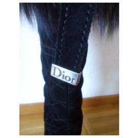 Christian Dior-DIOR Suede Fox Fur Wedge Tall Boots-Black,Silvery