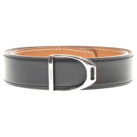Hermès-Hermès Etrier belt in black box leather and epsom gold, palladium eargent metal buckle-Black,Golden