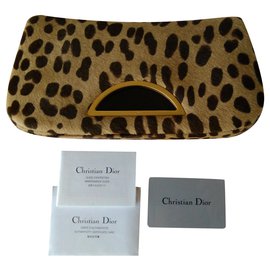 Christian Dior-DIOR Pony Clutch Cabelo-Marrom,Estampa de leopardo