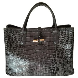 Longchamp-GRAY BAG. CROCO STRIKE calf leather-Dark grey
