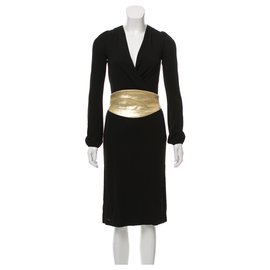 Diane Von Furstenberg-Robe portefeuille Obi Vintage-Noir,Doré