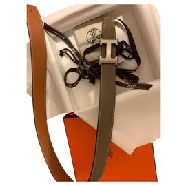 Hermès-Cinturón H reversible-Gris pardo,Coñac