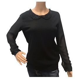 Autre Marque Pull Paul Brial Noir en Viscose avec Col Strass Noir