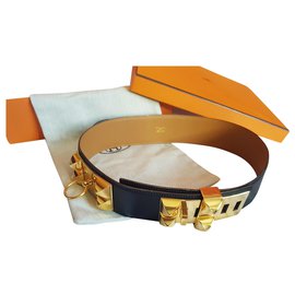 Hermès-Hermès CDC medor dog collar belt-Black,Golden
