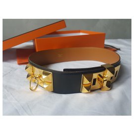 Hermès-Hermès CDC medor dog collar belt-Black,Golden
