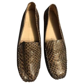 Autre Marque-real calf leather moccasins with golden crocodile print-Golden