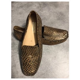 Autre Marque-real calf leather moccasins with golden crocodile print-Golden