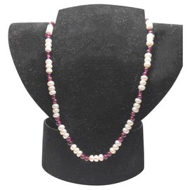 Autre Marque-Collar vintage con perlas naturales y granates.-Blanco,Roja