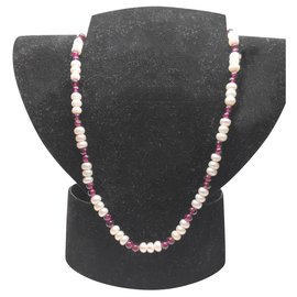 Autre Marque-Collier vintage perles naturelles et grenats-Blanc,Rouge