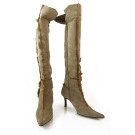 Cesare Paciotti-Cesare Paciotti Taupe Suede Sheepskin Leather Boots Slim heels Pointed Toe 39-Beige,Light brown