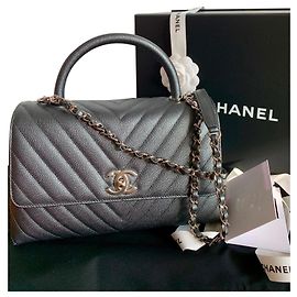 Chanel Caviar Coco Handle Chevron SHW Cinza antracite