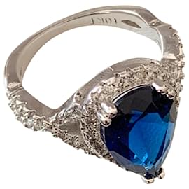 Autre Marque-Espléndido anillo en oro blanco 10 k + zafiro de pera: desde>3.5 cts rodeados de diamantes-Azul oscuro