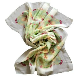 Autre Marque-Sciarpa, Panno di sciarpa stampato fiori e frutti su sfondo verde-Multicolore,Verde chiaro