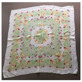 Autre Marque-Scarf, Flowers and fruits printed chiffon scarf on a green background-Multiple colors,Light green