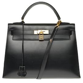Hermès-Hermes Kelly 32 correa de hombro de cuero de caja negra, Ribete de metal chapado en oro en excelentes condiciones.-Negro