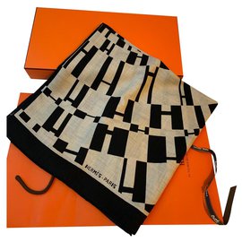 Hermès-OP'H Shawl-Preto,Bege