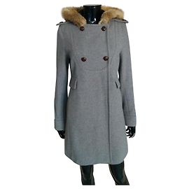 Comptoir Des Cotonniers Hooded swing coat with fur trim Grey