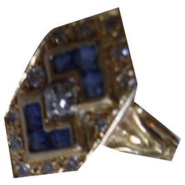 Autre Marque Anello Art Déco Marquise in Oro Giallo 18K con Zaffiri e Diamanti Blu