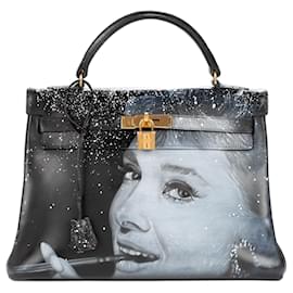 Hermès-Hermes Kelly bag 32 returned in black box leather customized "Audrey Hepburn" # 47 by PatBo-Black