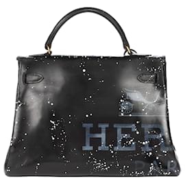Hermès-Hermes Kelly bag 32 returned in black box leather customized "Audrey Hepburn" # 47 by PatBo-Black