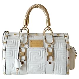 Gianni Versace Boston Tasche aus weißem gestepptem Leder Weiß Golden