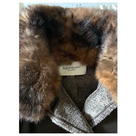 Yves Saint Laurent-Magnifique manteau de vison d’élevage et cuir YSL-Marron