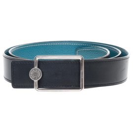 Hermès-Cinturón reversible Hermès "Clou de selle" en cuero box negro y becerro azul, taille 95 En muy buena forma!-Negro,Azul