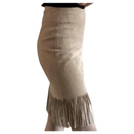 Autre Marque-Beige suede skirt with fringe-Beige