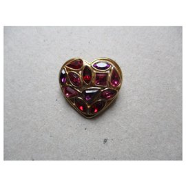 Yves Saint Laurent-Broche coeur doré, pierres roses.-Doré