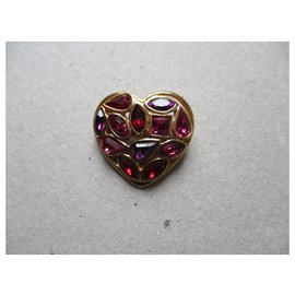 Yves Saint Laurent-Broche coração de ouro, pedras rosa.-Dourado