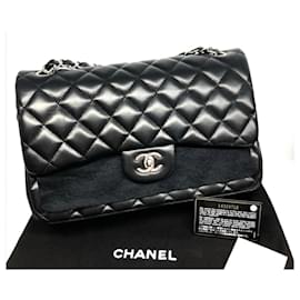 Chanel-Chanel Jumbo bolso de solapa clásico de piel de cordero negro-Negro