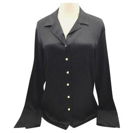 Chanel-Chanel botão de pérola camisa blusa de seda preta FR38-Preto
