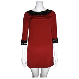 Marchesa-Blood red silk dress with metal embellishment-Black,Red