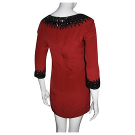 Marchesa-Vestido de seda vermelho sangue com detalhes em metal-Preto,Vermelho