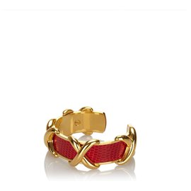 Hermès-Bracelet en cuir rouge Hermes Logo-Rouge,Doré