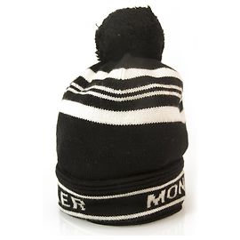 Moncler Black with white letters & Stripes Wool Knit Warm Beanie Hat One Size Black White